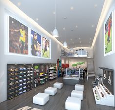 the inside of a sports shop with various items on shelves and foot stools in front of them