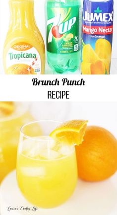 an orange drink and two bottles of punch on a white surface with the words brunch punch recipe below it