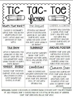 the tic - tac - toe fiction worksheet is shown in black and white