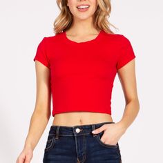 Unique Design: This Cute Crop Top Features A Round Neck, Short Sleeve, Slim Fit, Basic Type, Solid Color, Cropped Length, Comfortable To Fit, Casual Top For Women Or Teen Girls. The Simple And Stylish Design Is Versatile, Soft Fabric, And The Good Length Of The Crop Top Design Makes It More Relaxed To Wear And More Flattering, It's Great To Wear With High Waist Shorts, Skirts, Pants, Leggings, Jeans, Or Sweatpants For A Trendy Look. Occasion: The Classic Tee Is Perfect For Workouts, Gym, Sports, Red Fitted Crop Top With Short Sleeves, Fitted Red Crop Top With Short Sleeves, Red Fitted Crew Neck Crop Top, Red Fitted Cropped T-shirt With Short Sleeves, Fitted Red Cropped T-shirt With Short Sleeves, Red Cropped Crew Neck T-shirt For Summer, Trendy Red Crop Top T-shirt, Red Short Sleeve Casual Crop Top, Basic Red Crew Neck Crop Top