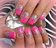 Pink and Silver Glitter Acrylic Nail Designs Glass Nails Art, Nails With Glitter, Silver Glitter Nails, Unghie Nail Art, Glitter Nails Acrylic, Pink Glitter Nails, Hot Pink Nails