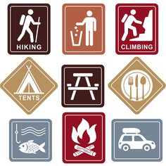 various signs showing different types of camping and hiking related items in red, brown, blue, and grey colors