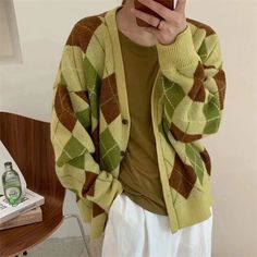 Color Blocking Diamond Grid Sweater Gentle Temperament V-neck Sweater Jacket Women's Harajuku Retro Plaid Sweater Coat, Loose Knit Cardigan, Feeling Lazy, Loose Knit, Cardigan Top, Vintage Plaid, Cardigan Coat, Sweater Coats, Knitwear Women