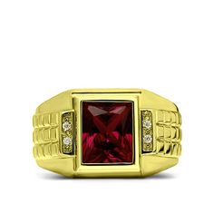 Solid 10K Yellow Fine Gold Red Ruby Mens Ring with 0.08ct Natural Diamonds Ruby Mens Ring, Mens Emerald Rings, Silver Ruby Ring, Huge Rings, Heirloom Jewelry, 10k Gold Ring, Green Emerald Ring, Wedding Rings Round, Gold Topaz