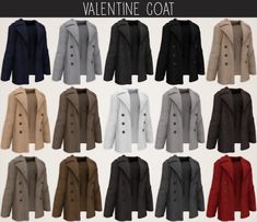 an assortment of coats and jackets for men in various colors, sizes and styles with the text valentine coat