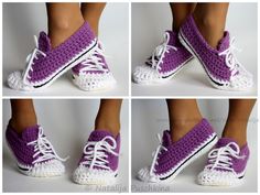 four pictures of different types of crocheted shoes with white and purple laces