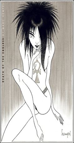 a drawing of a woman with black hair and an orange ribbon on her chest, sitting in