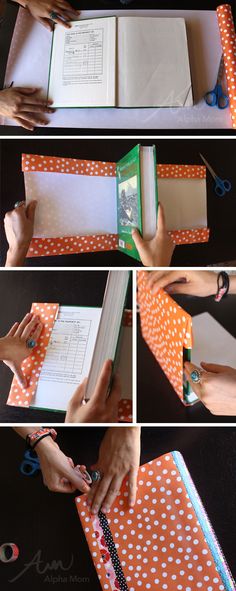 the process of making an orange and white polka dot book