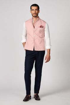 Pink sleeveless nehru jacket with crest embroidery. - Aza Fashions Transitional Fitted Pink Nehru Jacket, Ceremonial Fitted Nehru Jacket, Semi-formal Fitted Nehru Jacket, Luxury Single-breasted Nehru Jacket, Fitted Single-breasted Nehru Jacket, Nehru Jacket For Men, Pink Men, Nehru Jackets, Jacket Pattern