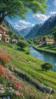 a painting of a river running through a lush green valley with houses on the hillside