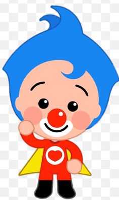 a cartoon character with blue hair and a red nose