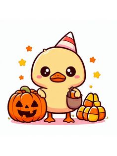 a cartoon chicken holding a pumpkin and wearing a party hat