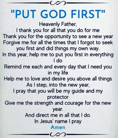 a poem written in blue and white with the words, put god first on it