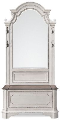 a white dresser with mirror and bench on it's side, isolated against a white background