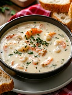 a bowl of shrimp chowee with bread on the side