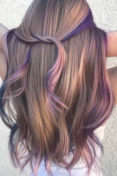 Rainbow Hair Color Ideas, Blue Brown Hair, Peekaboo Hair Colors, Lavender Hair Colors, Mermaid Hair Color, Peekaboo Highlights