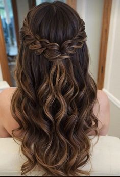 Wavy Bridesmaid Hairstyles Updo, Long Curl Hairstyles, Hair Inspiration For Prom, Cute Half Braid Hairstyles, Hairstyle Ideas For Bridesmaids, Cute Hairstyles For A Wedding, Half Up Half Down With Headband, Bridesmaid Hairstyles Half Up Half Down Brunette, Half Up Hair With Braid