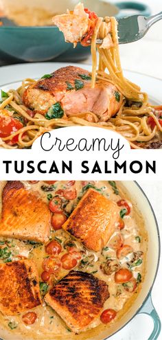 creamy tuscann salmon pasta with tomatoes and spinach is an easy dinner recipe