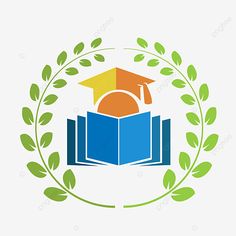 an open book with a graduation cap on top, surrounded by leaves and a circle