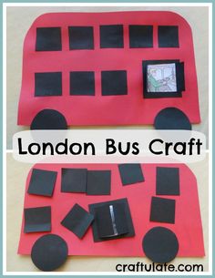 the london bus craft is made out of construction paper and plastic plates with black squares