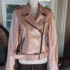 New, Never Worn, Rose Goldfaux Leather Moto Jacket. Asymmetrical Zip, Shoulder Epaulets, Belted, With 2 Front Zip Pockets. Fully Lined--Gorgeous! Questions? Leave A Comment Below! Chic Pink Biker Jacket For Spring, Chic Pink Biker Jacket, Chic Fitted Pink Biker Jacket, Chic Pink Fitted Biker Jacket, Womens Moto Jacket, Overcoat Jacket, Hooded Trench Coat, Mesh Jacket, Zip Coat