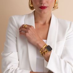 Make a bold statement with a ring that matches our Apple Watch bands. Confidence in a ring. Shine On. Brass with gold or silver plating Arrives in a Goldenerre muslin cloth bag, perfect for gifting Imported Size Chart: Print on 8.5" x 11" paper Modern Adjustable Jewelry With Gold-tone Hardware, Elegant Adjustable Cuff Rings, Adjustable Gold-tone Jewelry For Gifts, Gold-tone Fashion Accessory Jewelry, Chic Adjustable Formal Rings, Chic Yellow Gold Cuff Jewelry, Chic Gold Jewelry With Gold-tone Hardware, Chic Adjustable Gold Rings, Chic Formal Metal Rings