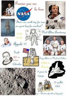 nasa collage with images of astronauts and their names in french, including the first man to walk on the moon