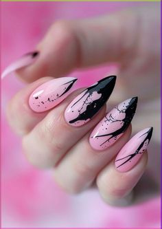 Pink With Black Nails, Pastel Goth Nails Creepy Cute, Edgy Pink Nails, Nail Ideas Black And Pink, Pointed Nails Design, Pink Punk Nails, Baby Pink And Black Nails, Pink Black Nail Art, Summer Goth Nails