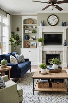 a living room filled with furniture and a large clock on the wall above the fireplace