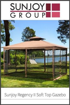 a gazebo with the sunjoy group logo above it and an image of a lake