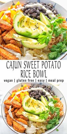 two plates filled with different types of food and the words cajun sweet potato rice bowl