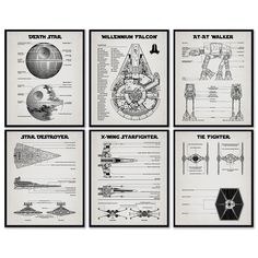 four star wars posters are shown in black and white, each with different types of vehicles