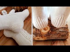 two pictures of white knitted gloves on top of a piece of wood next to a wooden log