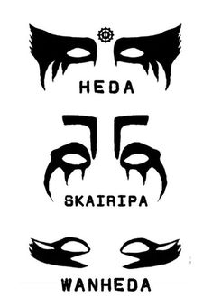 some black and white images with the words heda, skairpa, wanheda