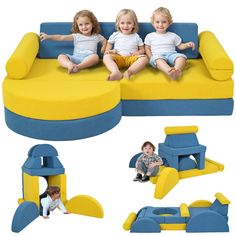 three children sitting on top of a yellow and blue couch next to another child's bed