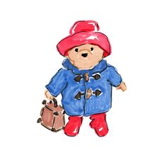 a drawing of a teddy bear wearing a blue coat and red hat holding a brown bag