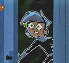 an animated image of a cartoon character with green eyes and black hair, standing in front of a blue door