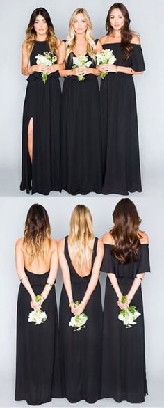 the bridesmaids in black dresses are posing for pictures