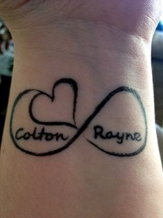 a wrist tattoo with the words cotton and rayne on it