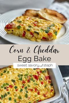 corn and cheddaw egg bake in a casserole dish on a white plate