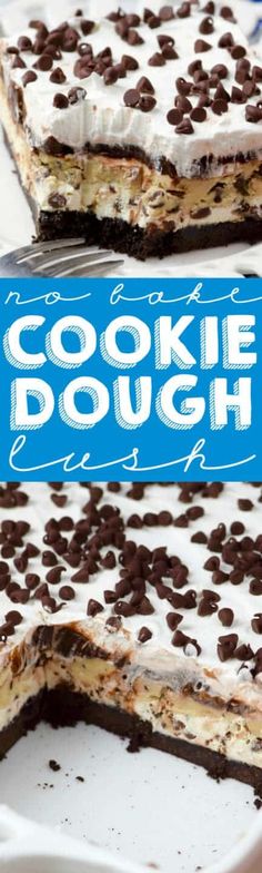 there is a cookie dough cake with chocolate chips on it