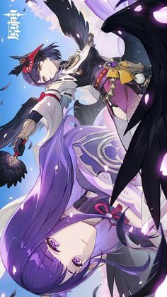 an anime character with purple hair and black wings