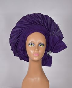 Purple Fan autogele with a side bow Ready to wear autogele  Handmade with quality Aso Oke  Plain autogele (display picture) Embellish option available Purple Aso Oke, African Headwrap, Bridal Accessory, African Head Wraps, Aso Oke, African Women, Picture Display, Shawls And Wraps, Head Wraps