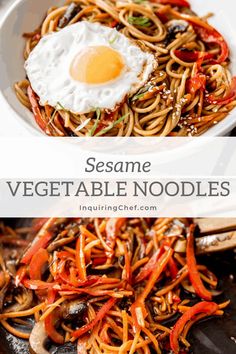 sesame vegetable noodles with an egg on top