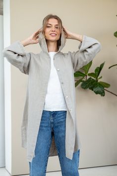 Linen hooded jacket Tara. Long jacket oversize. Linen long cardigan laced.  Linen boho shirt with long sleeves laced. Linen long tunic Linen long hoodie - cardigan laced - loose, breezy and comfortable. Feel your best in this versatile pieces that is perfect for summer, however it can find this place in your wardrobe all year round ITEM DETAILS: - Loose and oversize fit - Straight shape - Side splits at side seams - 9 " (23 cm) length - With oversize hood - edge decorated with pure linen lace - Spring Relaxed Fit Long Sleeve Hooded Jacket, Relaxed Fit Long Sleeve Hooded Jacket For Spring, Oversized Hooded Jacket With Pockets For Spring, Bohemian Linen Outerwear With Pockets, Oversized Hooded Summer Outerwear, Bohemian Hooded Spring Outerwear, Bohemian Hooded Outerwear For Spring, Oversized Beige Lagenlook Outerwear, Natural Buttons