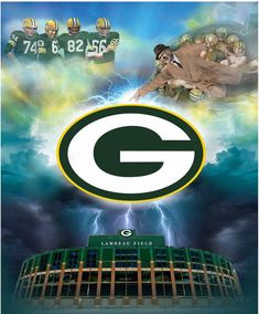 the green bay packers poster is shown in front of a football stadium with lightning and storm clouds