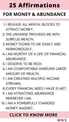 the 25 affirmations for money and abundance are shown in pink, black and white