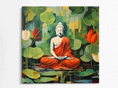 a painting of a buddha sitting in the middle of water surrounded by lily pads