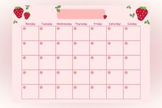 a pink calendar with strawberries on it and the words monday, wednesday, friday, friday