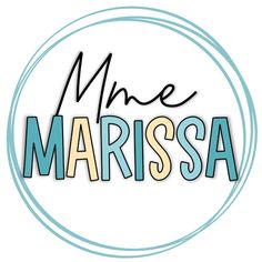 the word mee marissaa in blue and yellow on a white background with a circular